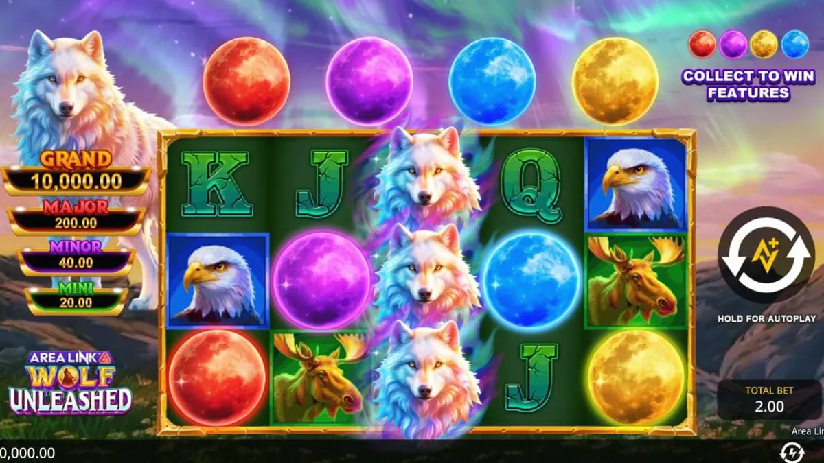 Pemandangan atmosferik Area Link Wolf Unleashed dengan latar belakang Aurora Borealis dan serigala