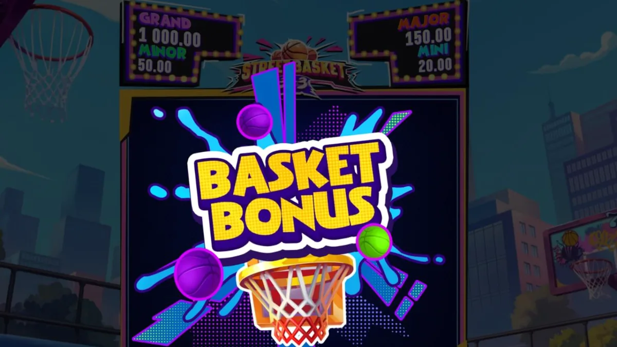Tampilan visual slot Street Basket 3x3 dengan latar belakang lapangan basket jalanan dan grafiti.