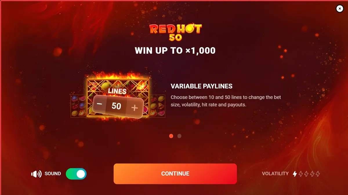 Tampilan visual slot Red Hot 50 dengan tema buah dan api